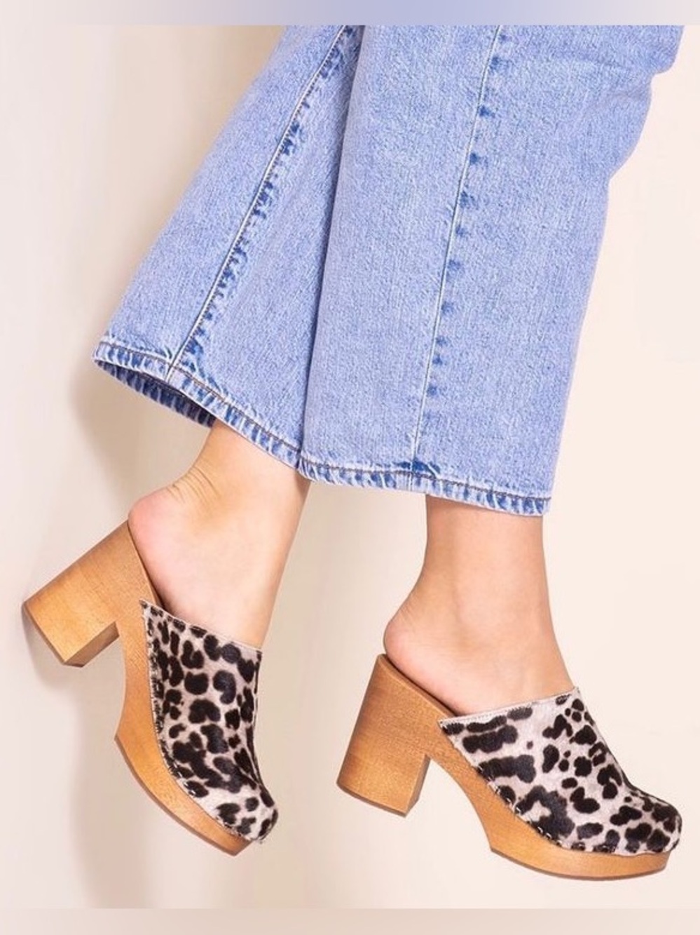 Charlotte Stone Leopard Print Marlo Clog/ Mule Calf Hair/Wood Brown/Black SZ 7
